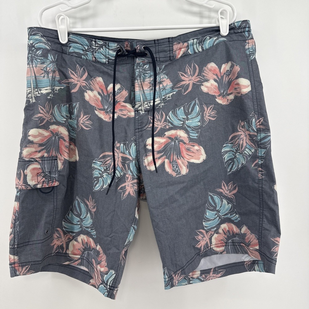 Roundtree & Yorke Men's Size 38 Gray Tropical Swim Trunks Draw String Waist